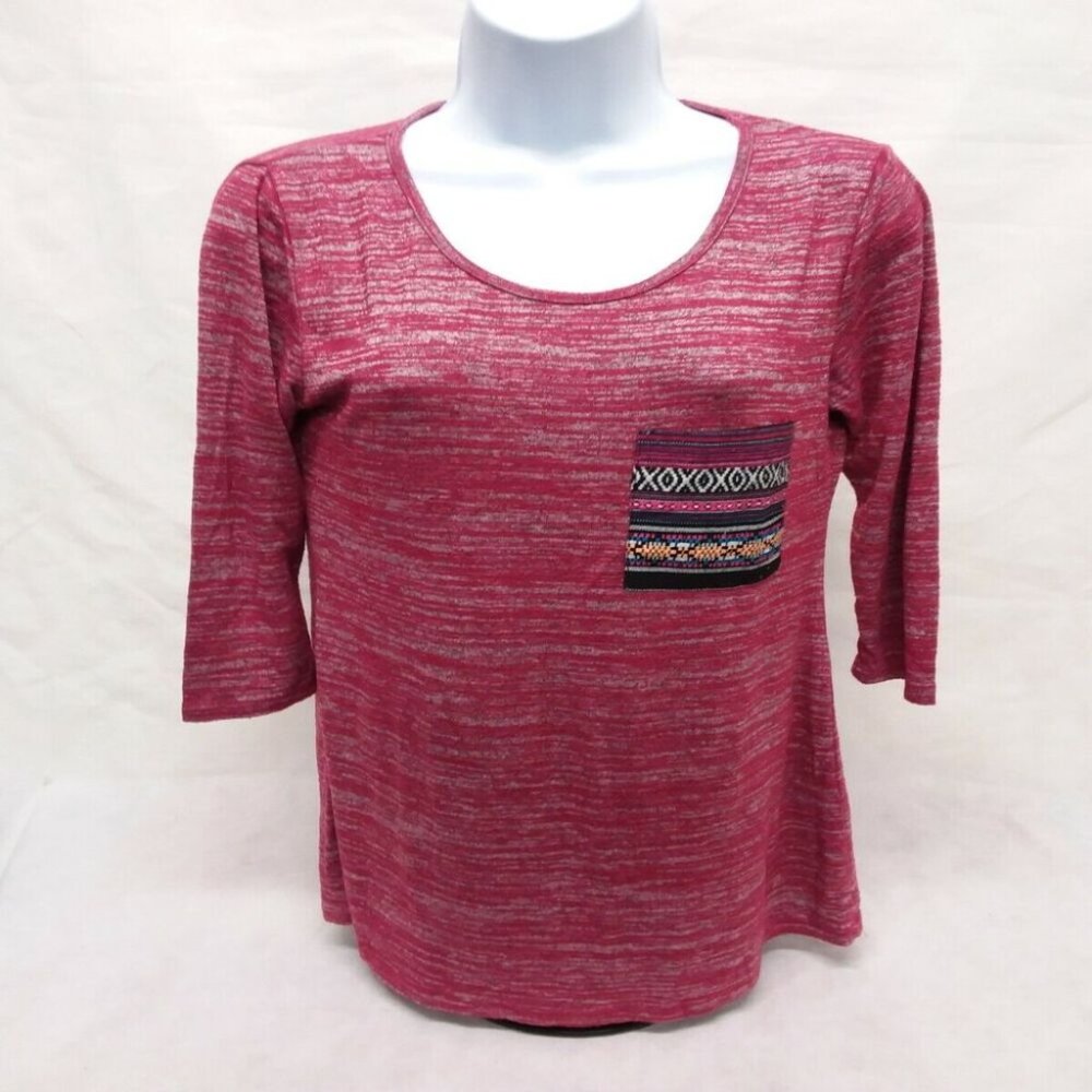 Women's Large Pink Blush Rachel Kate 3/4 Sleeve Red Striped Pocket T-Shirt